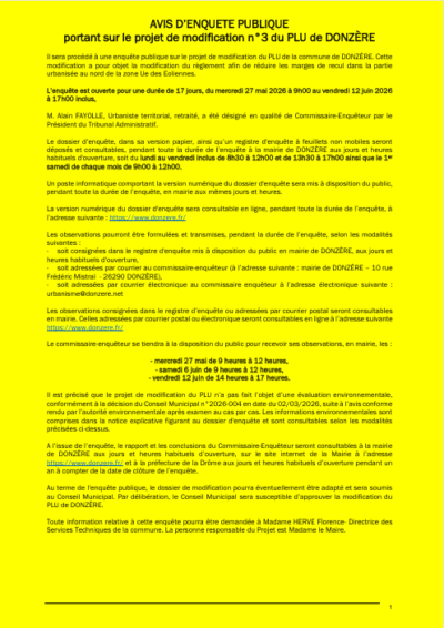 Avis d'enquête publique portant sur le projet de modification n°3 du P.L.U. de Donzère11/05/2026