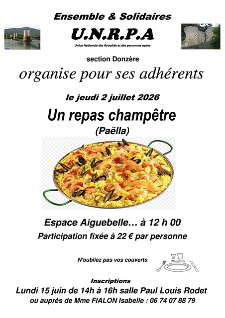 Repas champêtre de l'UNRPA : rendez-vous le 2 juillet