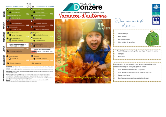Programme des vacances d'octobre 3/5 ans