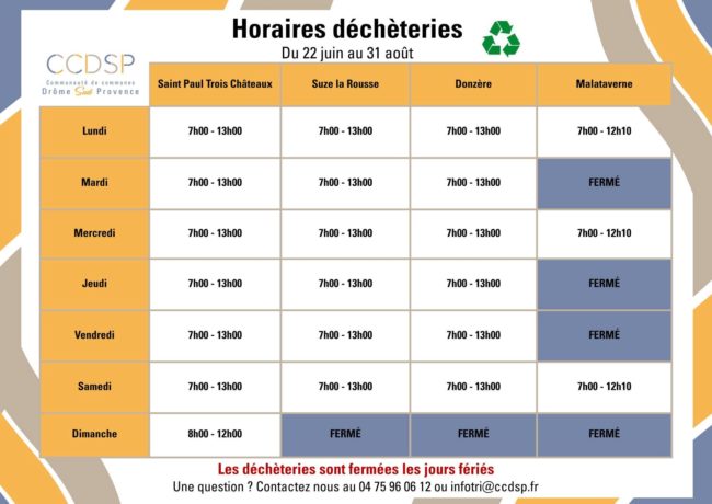 Horaires des déchetteries